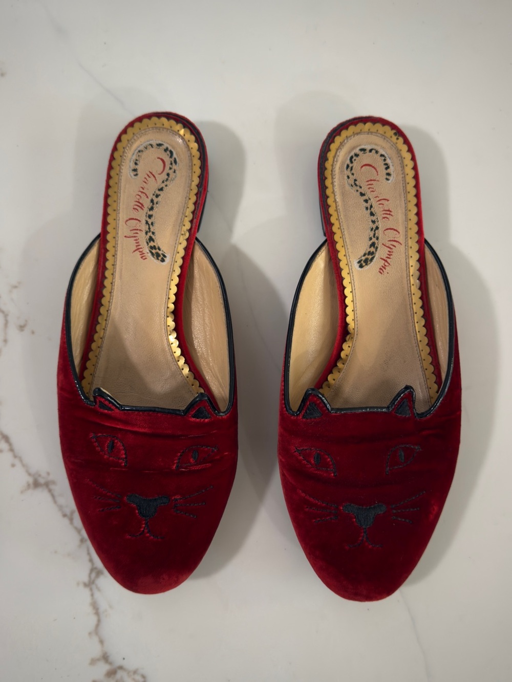 Charlotte Olympia Red Velvet Kitty Slip-On Mules